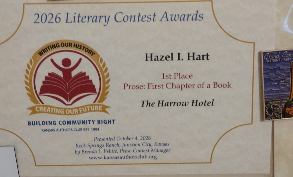 Award certificate for the 2026 Literary Contest recognizing Hazel I. Hart for 1st place in prose for 'The Harrow Hotel'.